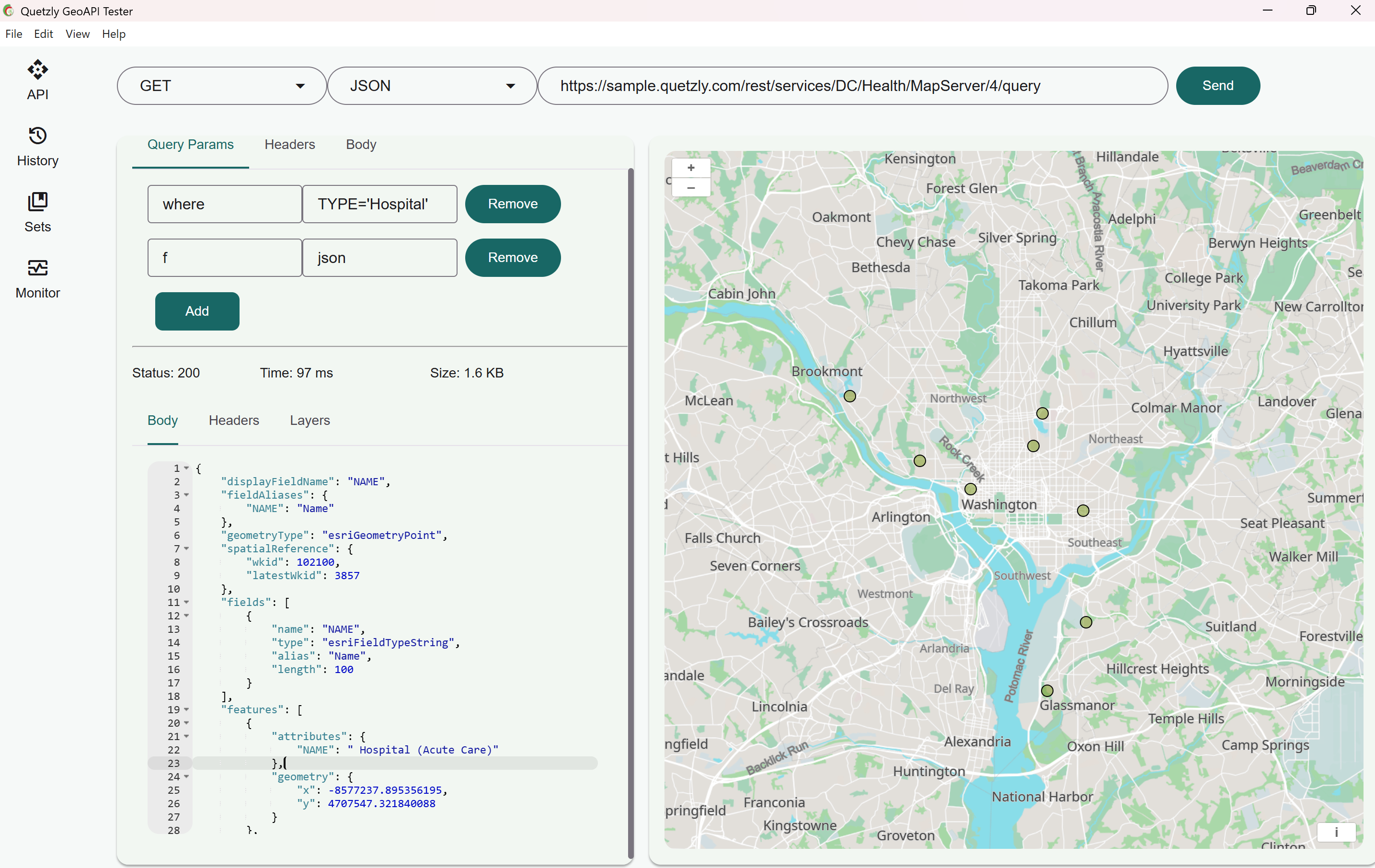 Quetzly Application Interface showing geospatial API testing and monitoring